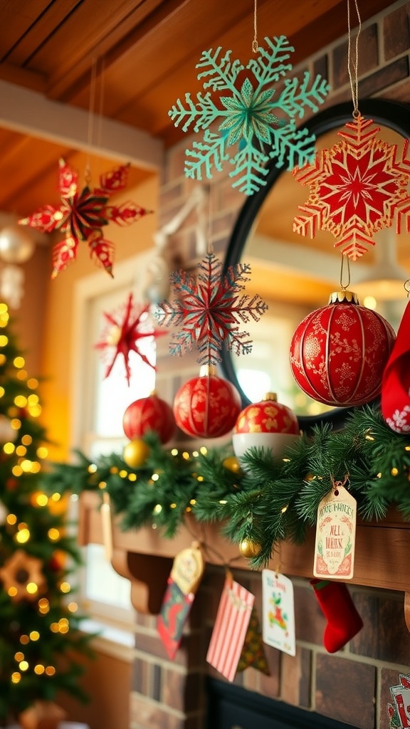 Retro DIY Christmas decorations including paper snowflakes, vintage card ornaments, and a garland on a mantel.